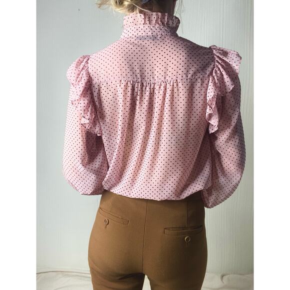 ZARA Sheer Pink and Red Polka Dot Ruffle Button Up Blouse US SMALL - Picture 5 of 10